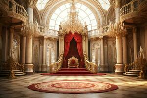 interno di reale palazzo con rosso tappeto e scala, 3d rendere ai generato foto