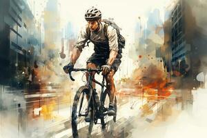 ciclista nel casco equitazione bicicletta su astratto città sfondo. Doppio esposizione ai generato foto