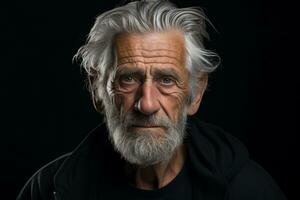 ritratto di un vecchio uomo con grigio capelli e barba su un' nero sfondo ai generato foto