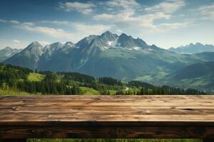 vuoto di legno tavolo per Prodotto Schermo montaggi con montagne nel il sfondo ai generato foto