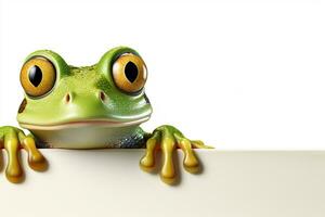 3d reso illustrazione di un' verde rana con un' vuoto cartello tavola ai generato foto