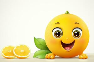 divertente Limone personaggio con arancia fette su bianca sfondo. vettore illustrazione. ai generato foto