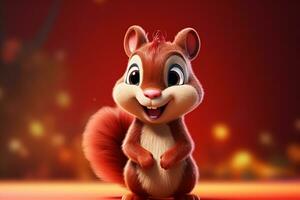 3d reso illustrazione di scoiattolo cartone animato personaggio con bokeh sfondo. isolato ai generato foto