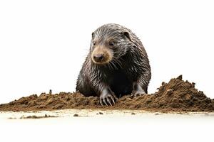 lontra su un' bianca sfondo. animale nel il sabbia. ai generato foto