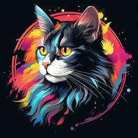 gatto testa con colorato spruzzi su nero sfondo. vettore illustrazione. ai generato foto