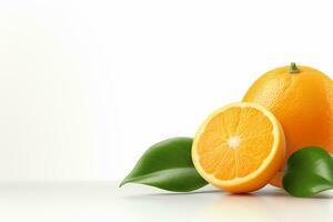 arancia frutta con verde foglia su blu sfondo. 3d illustrazione. ai generato foto