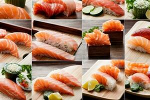 acquolina in bocca fresco frutti di mare piatto con Sushi sashimi e wasabi generativo ai foto