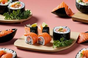 buongustaio frutti di mare presentazione con Sushi, sashimi e wasabi di generativo ai foto