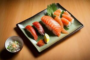 buongustaio giapponese pasto Sushi, sashimi e wasabi di generativo ai foto