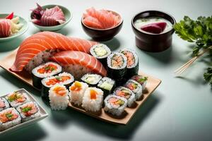 allettante fresco frutti di mare diletto con Sushi, sashimi e wasabi di generativo ai foto