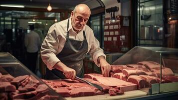 un' macellaio taglio carne generativo ai foto