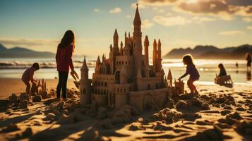 bambini edificio sabbia castello su il spiaggia. generativo ai foto