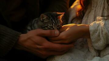 un' coppia abbracciare loro gatto. generativo ai foto