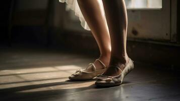 avvicinamento di un' di ballerina piedi. generativo ai foto