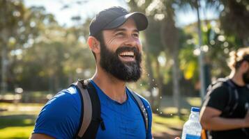 uomo fare gli sport al di fuori con acqua bottiglia nel mano. generativo ai foto