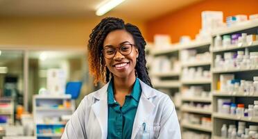 farmacista africano americano donna nel davanti di farmacia scaffali. generativo ai foto