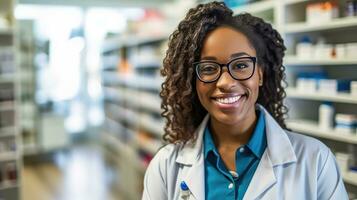 farmacista africano americano donna nel davanti di farmacia scaffali. generativo ai foto