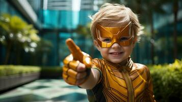 poco ragazzo nel un' supereroe costume. generativo ai foto