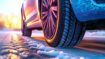 avvicinamento di il pneumatici di un' auto con inverno neve pneumatici. generativo ai foto