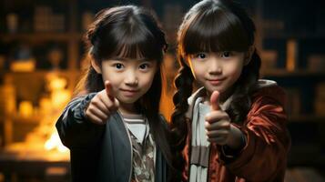 2 asiatico poco ragazze, uno puntamento attraverso e il altro fabbricazione il va bene cartello. generativo ai foto