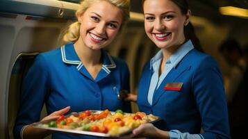 hostess donna servendo cibo su un' aereo. generativo ai foto