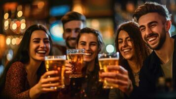 gruppo di amici potabile birra e avendo divertimento. generativo ai foto