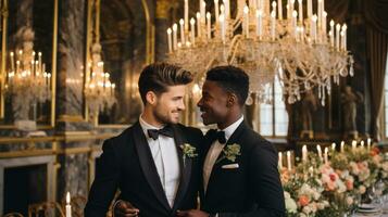 contento gay coppia ottenere sposato. generativo ai foto