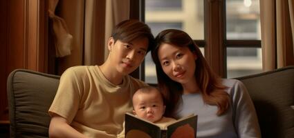 asiatico mamma e papà lettura un' libro di storia con loro bambino. generativo ai foto