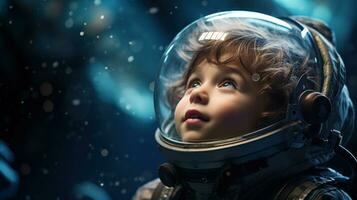 poco ragazzo vestito come un astronauta esplorando il stelle.. generativo ai foto