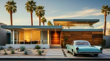 un' tentacolare California bungalow. un' Vintage ▾ auto parcheggiata su davanti.. generativo ai foto