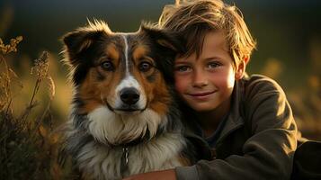 un' ragazzo seduta nel il campagna con il suo cane amico. generativo ai foto