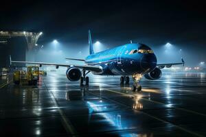 panoramico Visualizza di un' vivace aeroporto. il aereo, in piedi alto e maestoso.. generativo ai foto