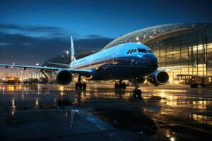 panoramico Visualizza di un' vivace aeroporto. il aereo, in piedi alto e maestoso.. generativo ai foto