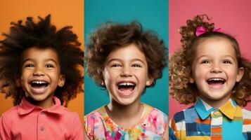 contento bambini in posa nel davanti di colorato sfondo. generativo ai foto