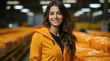 sorridente ritratto di un' femmina fabbrica lavoratore. generativo ai foto