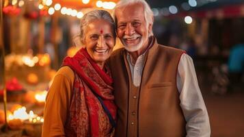 di mezza età indiano coppia pose felicemente abbracciare. generativo ai foto