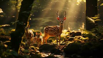 tranquillo foresta scena, tiro puntamento un' famiglia di cervo sotto caldo luce del sole. generativo io.. generativo ai foto