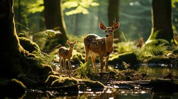 tranquillo foresta scena, tiro puntamento un' famiglia di cervo sotto caldo luce del sole. generativo io.. generativo ai foto