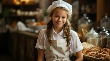 adolescenziale ragazza nel un' dello chef cappello e grembiule.. generativo ai foto