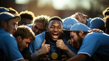 Uomini baseball squadra vittoria celebrazione. generativo ai foto