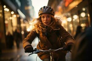 un' donna equitazione un' bicicletta su un' piovoso sera strada. generativo ai foto