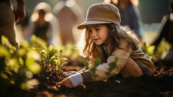 giovane attivisti piantare alberi nel un' Comunità giardino.. generativo ai foto