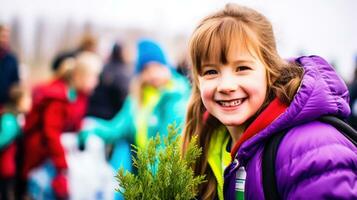 giovane attivisti piantare alberi nel un' Comunità giardino.. generativo ai foto