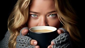 avvicinamento di un' bionda guantato donna Tenere un' caffè tazza. generativo ai foto