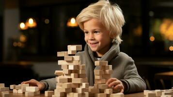 giovane ragazzo edificio un' alto Torre con di legno blocchi.. generativo ai foto