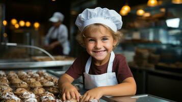 giovane ragazzo indossare un' dello chef cappello e cottura al forno biscotti.. generativo ai foto