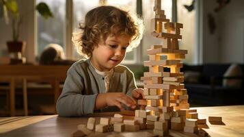 giovane ragazzo edificio un' alto Torre con di legno blocchi.. generativo ai foto