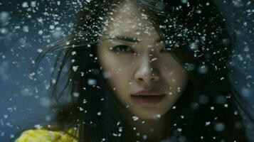 avvicinamento asiatico donna nel un' nevoso tempo atmosferico. generativo ai foto