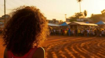 africano americano donna con Riccio capelli con sua indietro trasformato. generativo ai foto