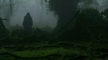 un' vestito uomo a piedi attraverso un' scuro, misterioso e nebbioso foresta. generativo ai foto